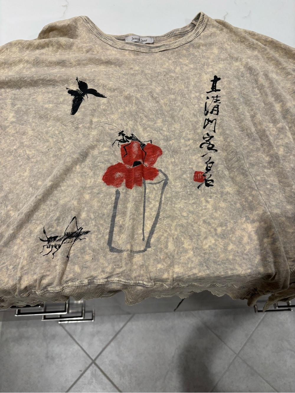 Neutral Floral Graphic Tee with Red Accent